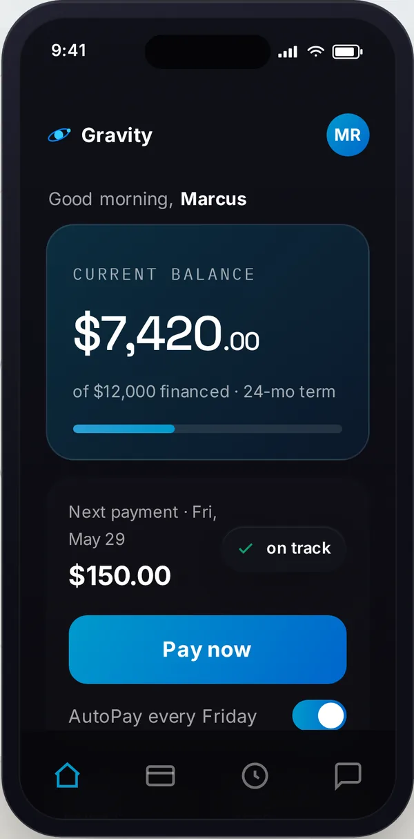 Gravity Capital app home screen showing the loan balance, next payment, and AutoPay